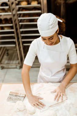 Bayan baker pasta üretim pişirme üzerinde hamur hazırlama yüksek açılı görünüş