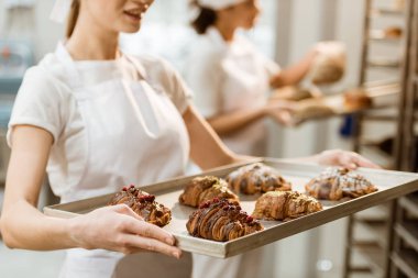 cropped shot of young baker holding tray with fresh croissants at baking manufacture clipart