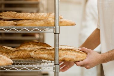 yakışıklı baker raf imalatı ekmek, taze ekmek koyarak fotoğrafını kırpılmış