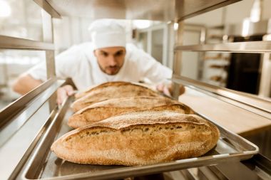 Genç baker tepsiler taze ekmek üretimi pişirme, stand koyarak