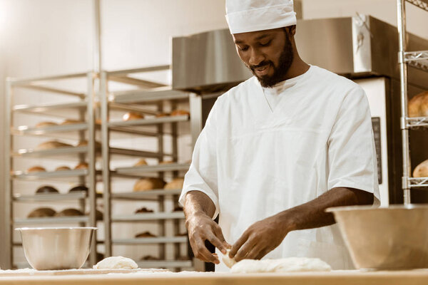 handsome african american baker preparing dough on baking manufacture