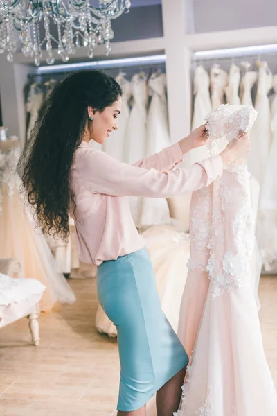 Brunette Bride Dress Fitting Wedding Salon — Stock Photo, Image