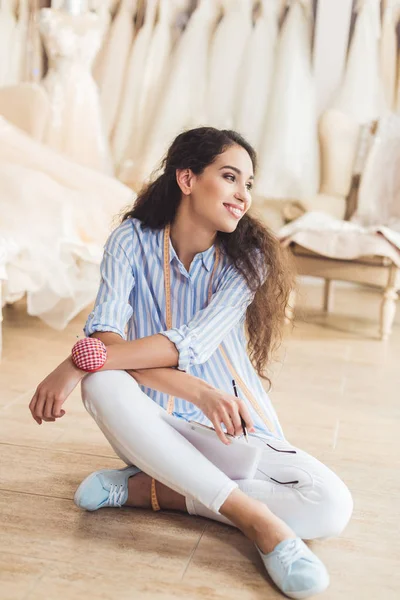 Smiling Needlewoman Sitting Floor Wedding Atelier — Stock Photo, Image