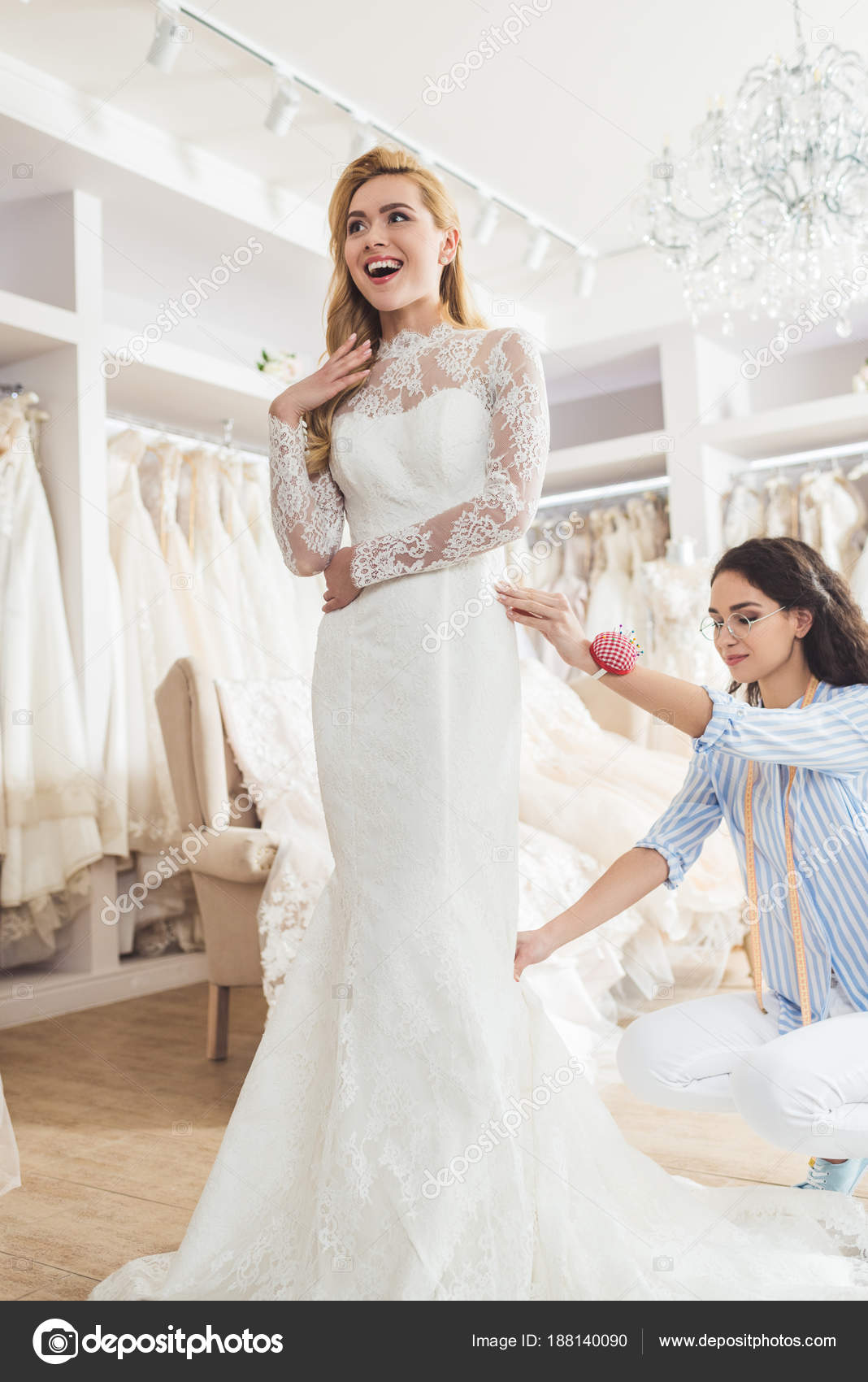 Blonde Bride Lace Dress  Tailor Dress  Fitting  Wedding  Salon 