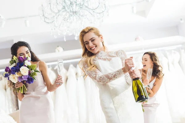 Attractive Women Wedding Dresses Opening Champagne Wedding Salon — Stock Photo, Image