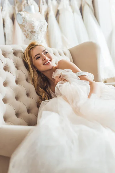 Attractive Bride Resting Sofa Wedding Salon — Stock Photo, Image