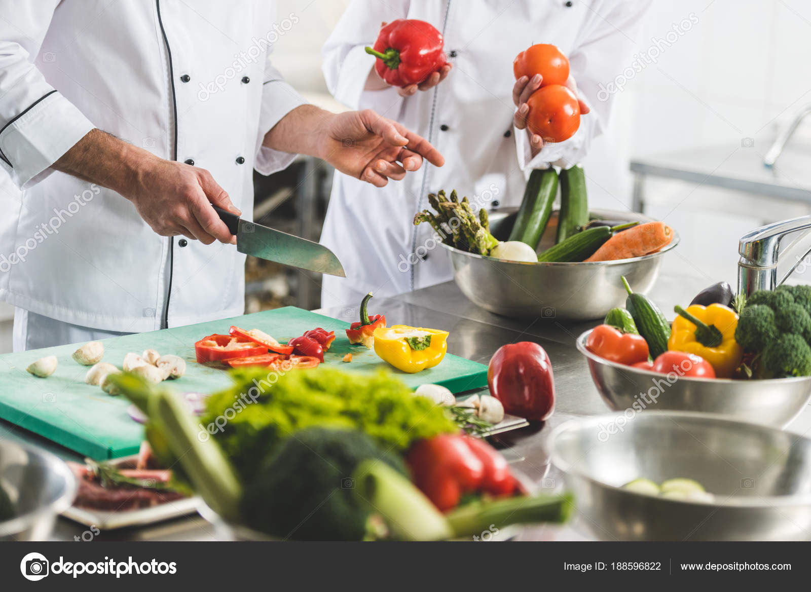 Cropped Image Chefs Preparing Vegetables Restaurant Kitchen Stock Photo