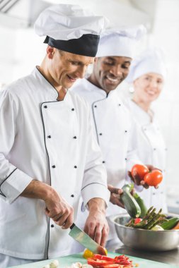 gülümseyen çok kültürlü şefler Restoran mutfak yemek