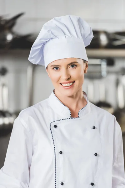 Portrait Smiling Attractive Chef Restaurant Kitchen — Stock Photo, Image