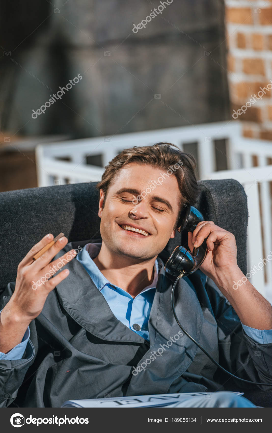 Happy Man Robe Smoking Cigarette Talking Vintage Telephone Free Stock Photo C Arturverkhovetskiy 189056134