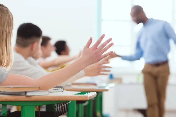Teacher Giving High Five Multicultural Group High School Teenage Students — Stock Photo, Image