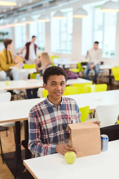 African American Schoolboy Lunch Bag School Cafeteria — Stock Photo, Image