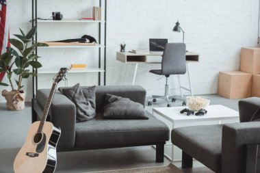 modern oturma odası koltuk, gitar, raflar ve tablolar dizüstü bilgisayar, lamba, patlamış mısır ve joystick ile iç 