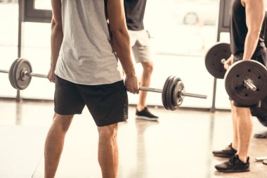 cropped shot of sporty young men in sportswear lifting barbells in gym clipart