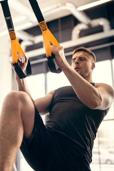 Low Angle View Young Sportsman Exercising Resistance Bands Gym — Stock Photo, Image