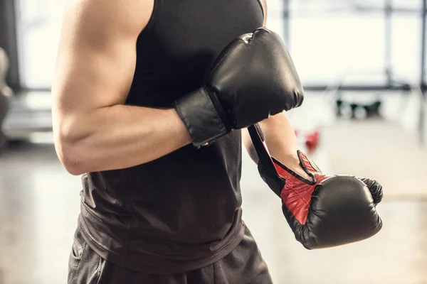 Kaslı Sporcu Spor Salonunda Boks Eldiven Giymiş Kadeh Kırpılmış — Stok fotoğraf