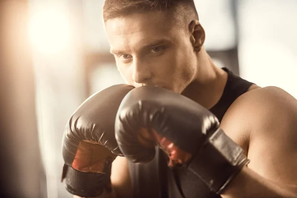 Guapo Joven Deportista Enfocado Entrenamiento Guantes Boxeo Gimnasio — Foto de Stock