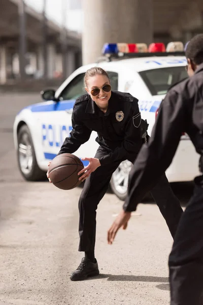 Active Young Police Officers Playing Basketball Street — Stock Photo, Image