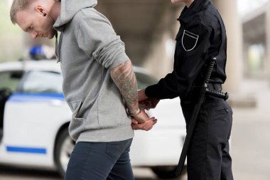 cropped shot of policewoman handcuffing young male bandit  clipart