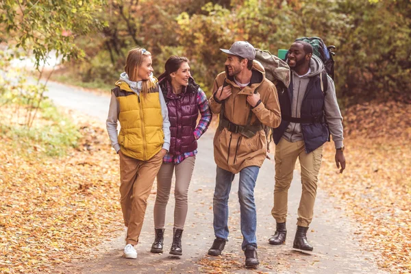 Felices mochileros jóvenes en el bosque - foto de stock