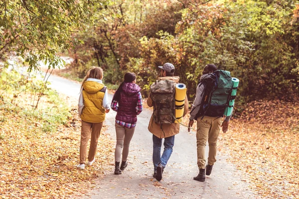 Giovani backpackers nella foresta autunnale — Foto stock