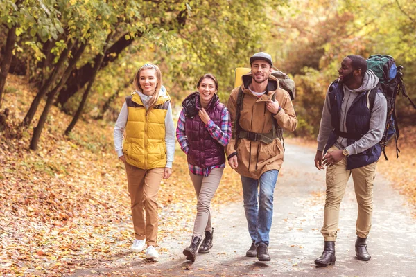 Glückliche junge Rucksacktouristen im Wald — Stockfoto