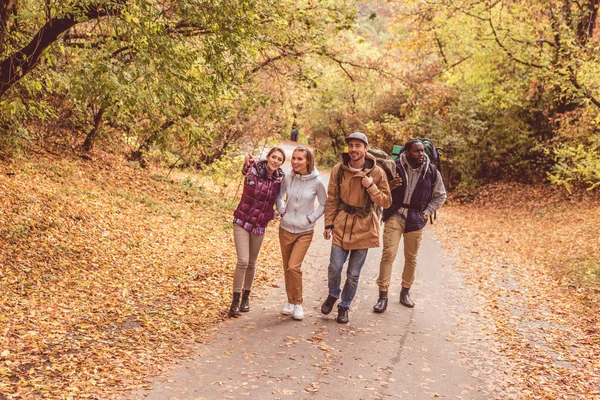 Glückliche junge Rucksacktouristen im Wald — Stockfoto