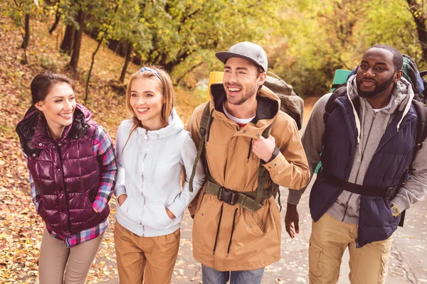 Felices mochileros jóvenes en el bosque - foto de stock