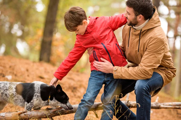 Glücklicher Junge spielt mit Vater und Hund — Stockfoto