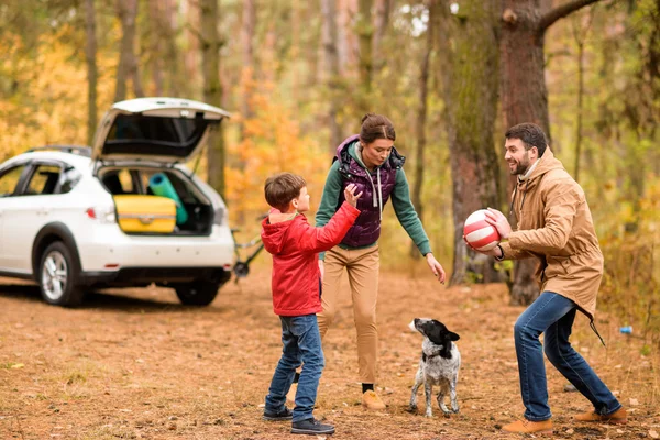 Счастливая семья играет с мячом — стоковое фото