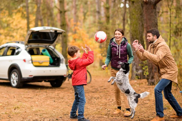 Famille heureuse jouant avec la balle — Photo de stock