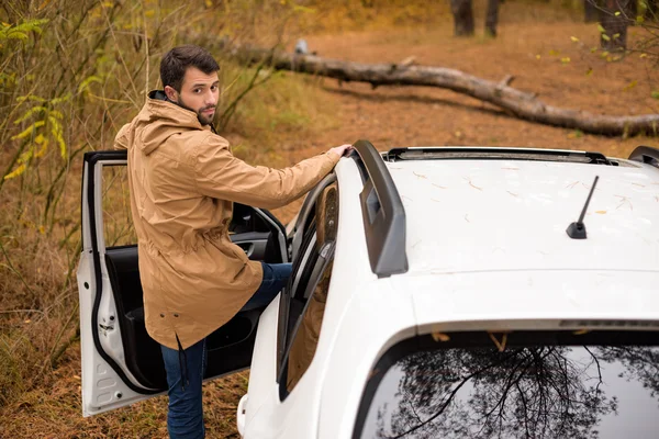 Чоловік стоїть біля машини і падає дерево — стокове фото