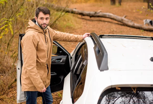 Homme debout près de la voiture et arbre tombé — Photo de stock