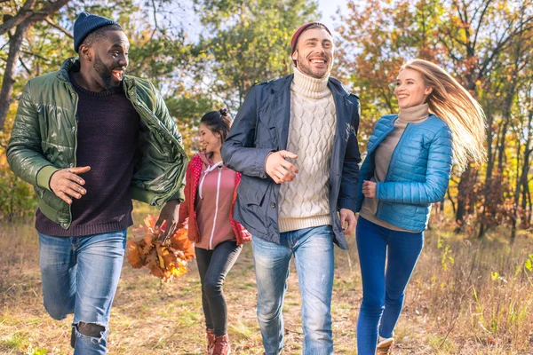 Happy friends walking in autumn park — Stock Photo