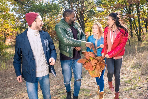 Amici felici che camminano nel parco autunnale — Foto stock