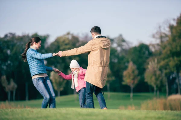 Famiglia felice che si tiene per mano sul prato — Foto stock