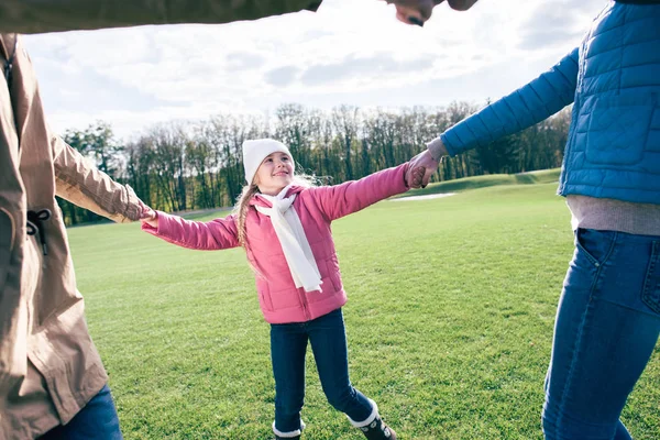 Happy family holding hands on meadow — Stock Photo