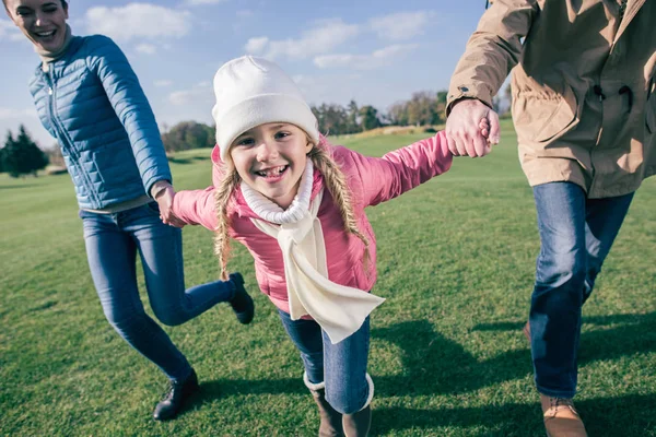 Happy family holding hands on meadow — Stock Photo