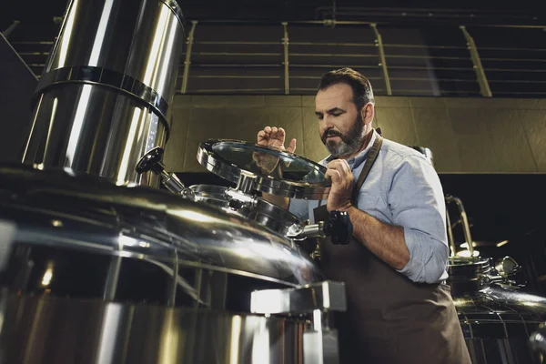 Brewer inspecting tank — Stock Photo