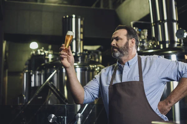 Trabajador cervecero con vaso de cerveza - foto de stock