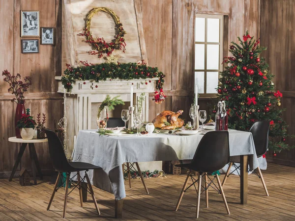 Roasted turkey on holiday table — Stock Photo