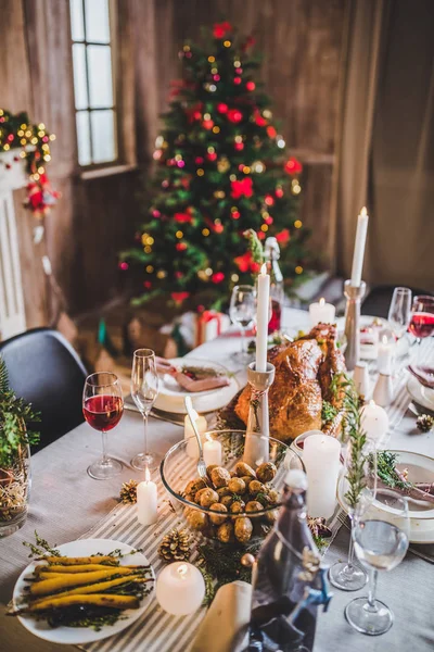 Roasted turkey on holiday table — Stock Photo