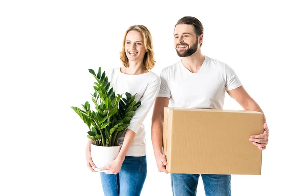 Couple holding box and plant — Stock Photo