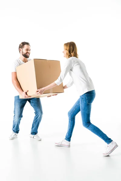 Couple with cardboard box — Stock Photo