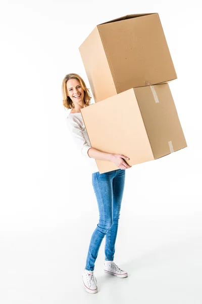 Jeune femme avec des boîtes — Photo de stock