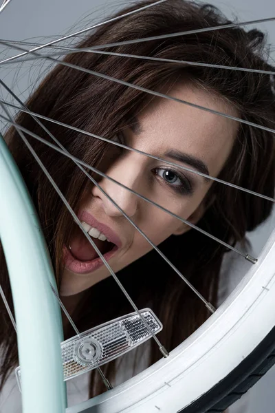 Hipster  woman with bicycle — Stock Photo