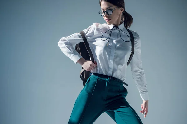 Stylish hipster woman in white shirt — Stock Photo