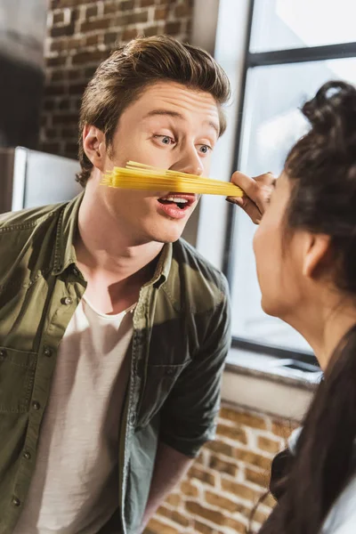 Man with pasta as mustachea — Stock Photo