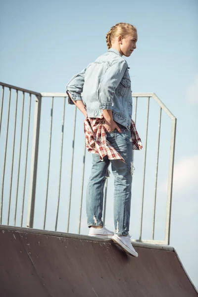 Stylish girl at skateboard park — Stock Photo