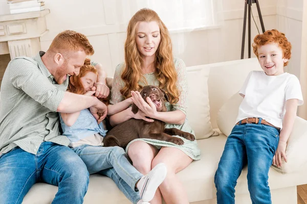 Família brincando com filhote de cachorro — Fotografia de Stock